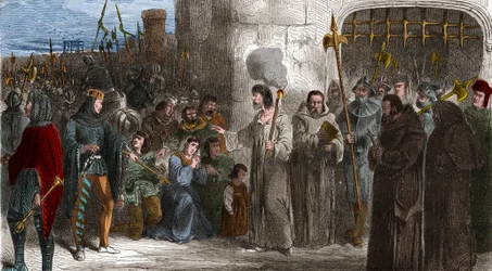 Enguerrand de Marigny (1260-1315) ベル王フィリップ4世の侍従兼大臣が1315年に拷問を受ける様子。Histoire De France En Cent Paintings by Paul Lehugeur」に掲載されているエングレーヴィング（1891年） - Enguerrand de Marigny (1260-1315)はフィリップ4世の侍従長であり大臣であった。