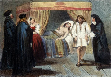 1584年にフランソワ・ド・メディチの娘、エレオノーレと結婚するために、マンチュア公爵ヴァンサン1世ゴンザグ（1562 - 1612）の男らしさを試すエピソード。彼には跡継ぎがいないと疑われていた。19世紀のリトグラフ。