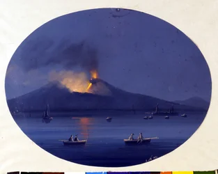 カターニア沖の海上から見たエトナ山の夜の噴火の様子。19世紀の匿名の絵画。