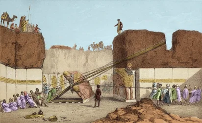 ニネヴェ（Nineveh）の発掘 - アンリ・レイヤードによるニムルド（Nimroud）の遺跡（19世紀のメソポタミア旅行後）。大きな有翼の牡牛の交換 - サー・オースティン・ヘンリーの発掘中、ニムルドから有翼の牡牛を輸送すること