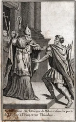 破門：ミラノの聖アンブローズ（Aurelius Ambrosius, Ambrogio di Milano (340-397)）のアーチは、ローマ皇帝テオドシウス1世（Flavius Theodosius (347-395)）が390年のテッサロニキの大虐殺を行ったことを罰するために、教会の扉を拒否しています。のエングレーヴィング