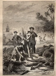ジャン・フランソワ・ド・スルヴィル（1717～1770）の南洋遠征（1769～1770）：スルヴィルの船員たちは、戦いで死んだ先住民の武器を集める（ニューアイルランド、パプアニューギニア） - 図版は「偉大なる船乗りたち」より引用