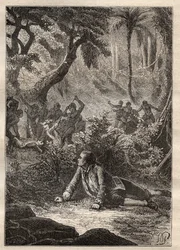 Nicolas Thomas Marion-Dufresne (Marion Dufresne) (1729-1772)の遠征：Assassins Bay (Matuaro Island, New Zealand)で原住民によってMarionを含む仲間全員が虐殺されるのを目撃した唯一の生き残りの船員 - イラストは「The G.