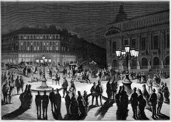 1872年、パリのオペラ広場における新しいガス照明設備の実験。1872年2月の版画。