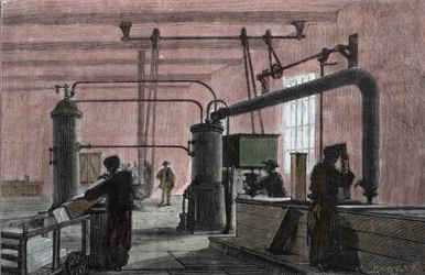 フェルディナンド・カレ（1824-1894）のシステムによる氷の製造工場。19世紀のエングレービング。