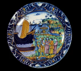 アリウス王に迎えられたエニーがデロスに到着した様子を表すファイアンスの皿。1497年 セーブル、国立ルネッサンス美術館