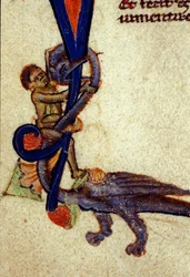 ドラゴンと人間の戦い 14世紀の細密画のディテール