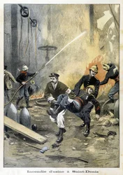 サン・ドニのウシーヌで起きた火災に介入する消防士たち。1899年の "Petity Journal "のイラスト。