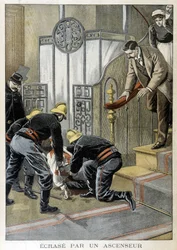 パリのビルでエレベーターに衝突した男性を救出する消防士たち。1899年の "Little Journal "のイラスト。
