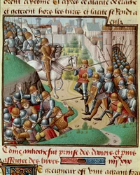 第一回十字軍。"The Conquete of Antioch" 1098年6月、アンティオキアの城壁の下で、ボヘモンの十字軍とペルシャのスルタンの将軍であるカルブーカの軍との間で行われた戦い。ミニチュアは、「歴史の記憶」（Speculum Historiale）（ms.