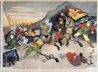 日清戦争-日本軍将校による中国国旗の奪取-1894年10月29日の「Le Petit Journal」に掲載されたもの（彫刻）。