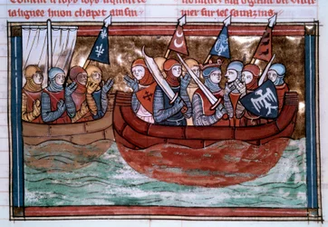 最初の十字軍。ゴデフロイ・ド・ブイヨン（1060-1100）と聖地に向けて航行する十字軍。Roman De Godefroy De Bouillon et de Saladin "のミニチュア。