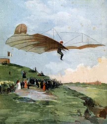 1894年、ドイツのエンジニア、オットー・リリエンタール（1848-1896）の飛行機による初の滑空実験