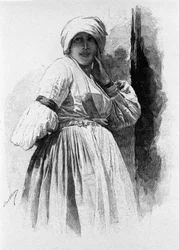 フォルクローレ：ピアナ・デッリ・アルバネシの民族衣装を着た女性。19世紀のシチリアの版画