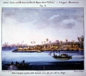 エクアドル、リオ・シングー河口近くのアマゾン川沿いにあるグルパの要塞。1846年から1848年にかけて描かれたもの。