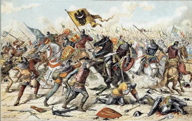 英仏戦争（1202年～1214年）：1214年7月27日、フィリップ・オーギュストのフランス軍とオトン4世のフランドルとウェルフの間で行われたBouvinesの戦い。フランス軍の勝利は戦争の結果を決定的なものにした。19世紀。パリ、アルミー美術館