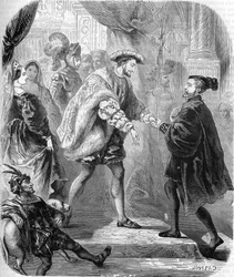 フランス王フランソワ1世（1494-1547）とシャルル5世（1500-1558）は、1540年1月にシャトレロー城で出会った。Histoire populaire de la France", sd. 1885年頃に掲載。エングレーヴィング。