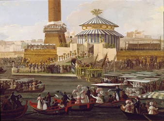 両シチリア王フランチェスコ1世（1777-1830）と妃スペイン王女マリア・イサベル（1789-1848）、ナポリの造船所での式典にて。19世紀の作者不詳の絵画 - ナポリ、サン・マルティーノ国立博物館