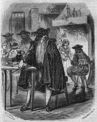 アンリ4世の暗殺者フランソワ・ラヴァイヤック（1578-1610）が、アンリ4世を刺すはずのナイフを宿屋で振りかざしている - 19世紀の版画
