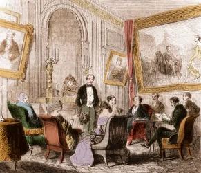 フランソワ・ルネ・ド・シャトーブリアン（1768-1848）（フランスの作家・政治家）がパリのセーブル通りにあるアビー・オ・ボワのレカミエ夫人の居間で「墓外の記憶」を読んでいる様子 - エングレーヴィング