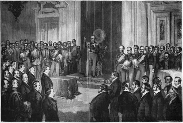 憲法について宣誓するプロイセン王フリードリヒ・ウィリアム4世（1795-1861）、1850年2月6日、Paul Buerdeによる木版画
