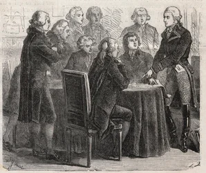 フランス革命。ルイ・マリー・ド・ナルボンヌ＝ララ伯爵（ナルボンヌ＝ララ）（1755-1813）が議会の委員会で計画を示している様子 - Engraving In "The Illustrous World"