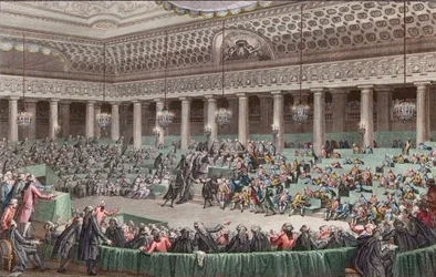 フランス革命 - 国民議会がすべての特権を放棄、1789年8月4日、エルマンによる版刻 - ヴェルサイユにて、1789年8月4日から5日にかけての夜の会議