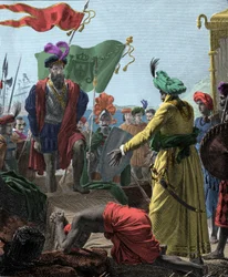 1498年、ヴァスコ・デ・ガマ（1469-1524、ポルトガルの探検家）からインドのカリカット（現在のコジコデ）へ。1817年のエングレーヴィング。