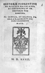 Historie Fiorentine di Niccolo (di Bernardo dei) Machiavelli (Nicolas Machiavelli) "の扉。