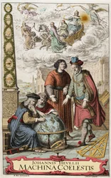 Johannes Hevelius (Jan Heweliusz) (1611-1687) 1673年 - Johannes Hevelius (1611-87) ポーランドの天文学者による「Machina coelestis」のFrontispice。画像には4人の偉大な天文学者、Hipparchus (c.190-120 BC) (ヒッパルコス)、Ptolemy (83-161 AD) (Claude Ptolemee)が描かれています。