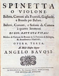 ジョヴァンニ・バッティスタ・ヴィターリ作「Balletsti, correnti alla francese opus 3」の楽譜の扉（リトグラフ）。