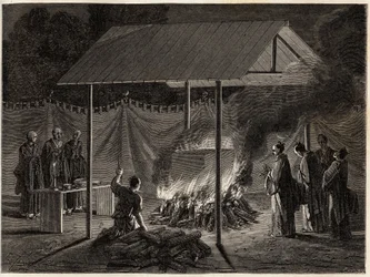 葬儀：儀式的な焼却。1863年から1864年にかけての日本への航海を説明するために、スイス連邦公使のアイム・アンベールがエドゥアール・シャルトンの指揮のもとに出版した「Le tour du monde, nouveau journal des voyages」に掲載されたエングレービング