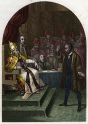 1633年、教皇ウルバン8世の前でのガリレイ（またはガリレオ・ガリレイ（1564-1642）。(Urbano 8 Maffeo Barberini) モーリス・ラシャトレの「Histoire des popes」に掲載された1842年のエングレーヴィング。個人蔵。