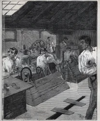 ガルバニックギルディング：スクレーパーボースで金の宝石を削ること。Adolphe BITARDの "Les arts et metiers illustres "に掲載された1885年のエングレーヴィング。