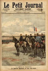 フェリックス・グスタフ（Felix-Gustave）ソシエ将軍（1828-1905）とそのスタッフは、ヴァンセンヌで軍隊を閲兵した。Le petit journal illustrious" 09/05/1891に掲載されたエングレーヴィング。セルバのコレクション。