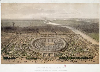 パリのトロカデロから撮影された1867年の万国博覧会の全景：シャン・ド・マルスとセーヌ川に架かるイエナ橋。19世紀のリトグラフ。パリ、オルセー美術館（Musee d