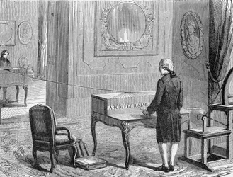 最初の電子電信を発明したジョルジュ・レサージュの試作品の前で。1774.19世紀のエングレーヴィング。