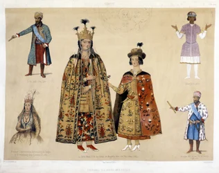 16世紀から17世紀にかけてのグルジアの衣装板。イラクリ王（1744年〜1798年）、ゲオルギ10世（1687年）、カルチェヴァッツェ王女（エカテリーナ2世時代のサンクトペテルブルクへのグルジア大使1780年）、マリー王妃（ミンレリーのダディアンの娘とその息子オツィア1