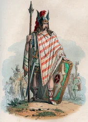 ゲルマン族の酋長（ドイツの野蛮人）。テオドール・ジュスト（1818-1888）の「Histoire de Belgique from the primitive times to the end of the regne of Leopold I」に掲載された1868年のエングレーヴィング。個人蔵。