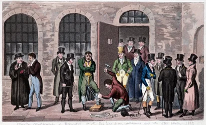 イギリスの刑務所。ロンドンのニューゲート刑務所（チャールズ・ディケンズの小説でよく登場する）には死刑判決が下されている。1823年頃のエングレーヴィング。ビルビオテーク・オブ・デコラティブ・アート。