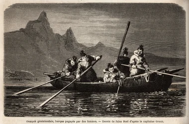 グリーンランドのウミアック、女性が操る船の一種。1860年から1862年にかけて、アメリカ海軍の外科医ヘイズ博士が行った北極圏の自由海への航海を描いたもので、「Le tour du monde, nouveau journal des voyages」に掲載されている。