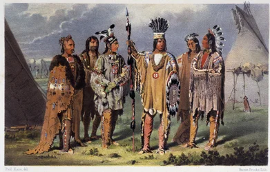 6人のインディアンの酋長のグループ - Paul Kane著「Wandering of an artist among the indians of North America」（Longmans & Roberts, London）より