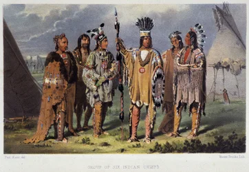 6人のインディアンの酋長のグループ - Paul Kane著「Wandering of an artist among the indians of North America」（Longmans & Roberts, London）より
