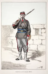 平和の守護者が動員される（1870～1871年）。アルフレッド・レイ(1864-)とローがセーヌ川警部のルイ・ルピーヌ(1846-1933)の後援で出版した本「平和の戦士たちの歴史」の挿絵のためのカラー・エッチング。