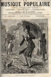 パリ通りで雨に打たれているフランスの廷臣、ギヨーム・ジョセフ・ルーセル（ルーセル）（カデ・ルーセル）（1743-1807）のエングレーヴィング。