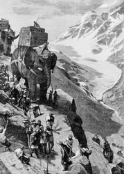 ハンニバルは象を使ってアルプスを越え、紀元前218年にイタリアに到着する。(第二次ポエニ戦争)。19世紀のエングレーヴィング。