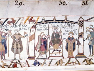ハロルド2世（1022〜1066）は、1066年にエドワード懺悔王が死去した際に王を宣言しましたが、ヘイスティングスの戦いですぐに亡くなりました。バイユーのタペストリーまたはマチルド王妃の刺繍