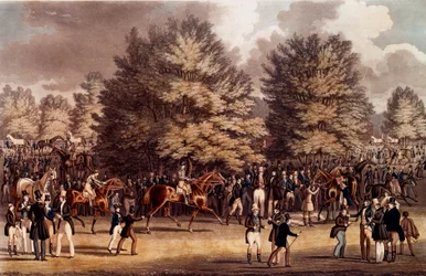 ヒッピズム：イギリス、エプセムでのレース前の準備の様子。1836年のリトグラフ 個人蔵