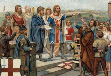 有名都市の歴史的エピソード。アルフレッド大王（849-899）がロンドンを元の住民に戻し（886）、「アルフレッドとグトルムの和平」でアングロサクソンがデーン人（＝バイキング）に勝利したことを示した。19世紀のクロモリトグラフ。