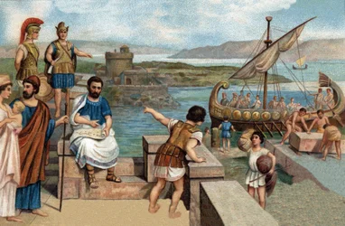 有名都市の歴史的エピソードメガレ人（ギリシャのアッティカの都市メガールの人々）は、トラキア人の要塞ビザスがあったシンメリア・ボスポラス海峡の西岸にビザンチウムを建国した（紀元前667年）。19世紀のクロモリトグラフ。